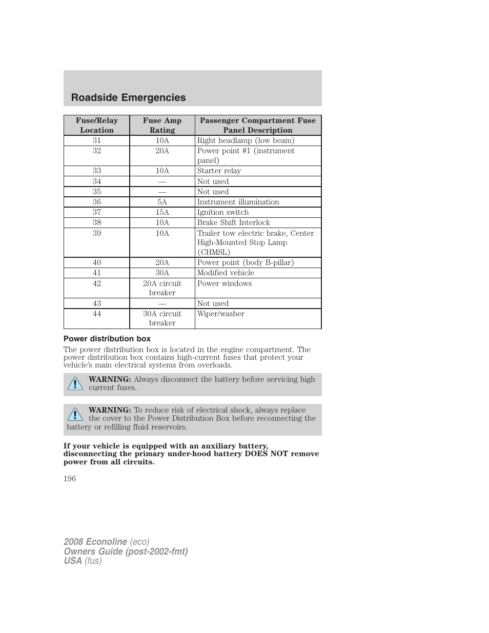 Power distribution box, Roadside emergencies | FORD 2008 E-450 v.3 User Manual | Page 196 / 285