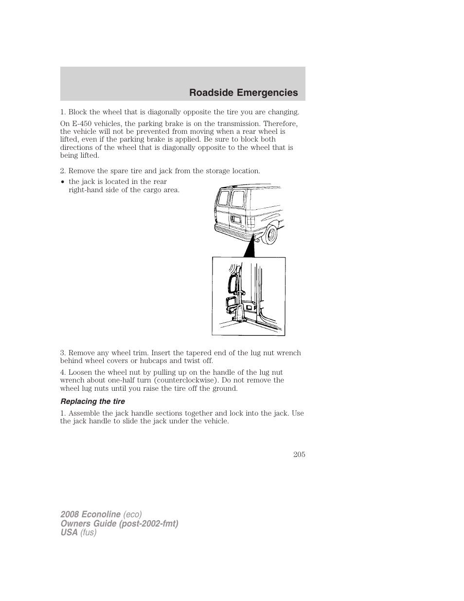 Replacing the tire, Roadside emergencies | FORD 2008 E-450 v.3 User Manual | Page 205 / 285