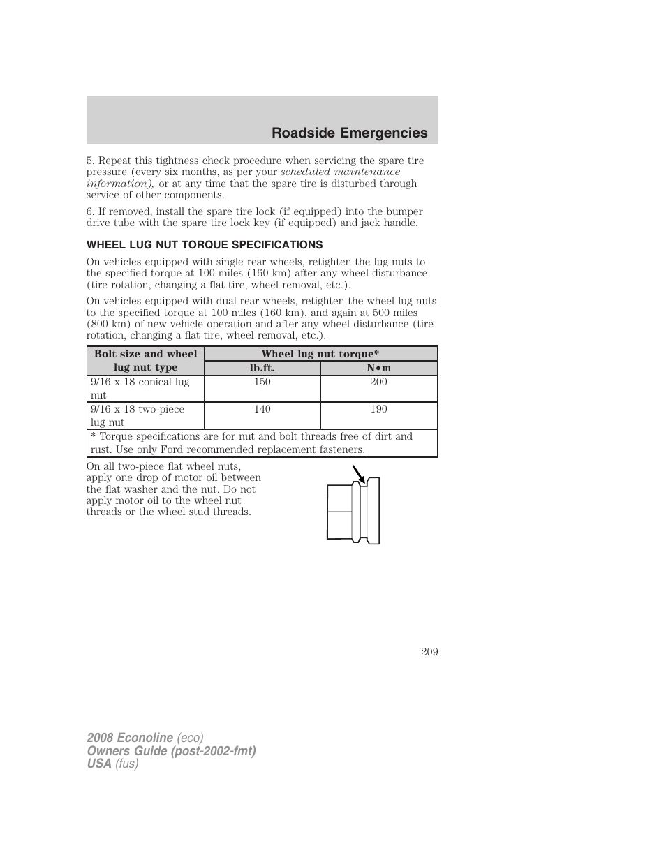 Wheel lug nut torque specifications, Wheel lug nut torque, Roadside emergencies | FORD 2008 E-450 v.3 User Manual | Page 209 / 285