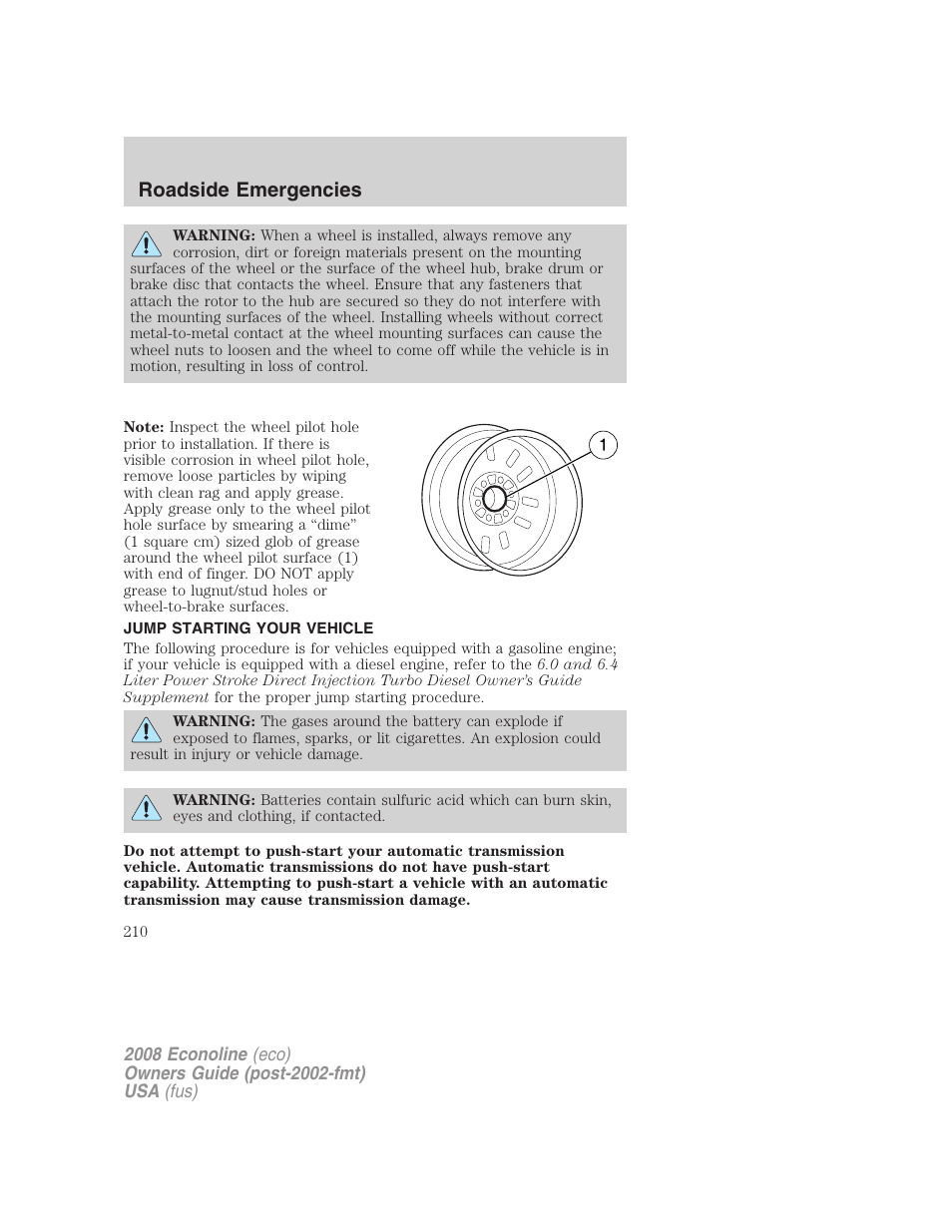 Jump starting your vehicle, Jump starting, Roadside emergencies | FORD 2008 E-450 v.3 User Manual | Page 210 / 285