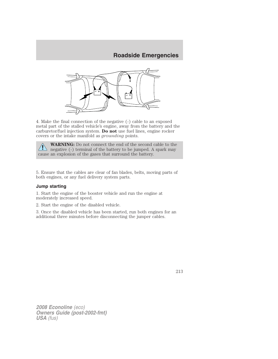 Jump starting, Roadside emergencies | FORD 2008 E-450 v.3 User Manual | Page 213 / 285