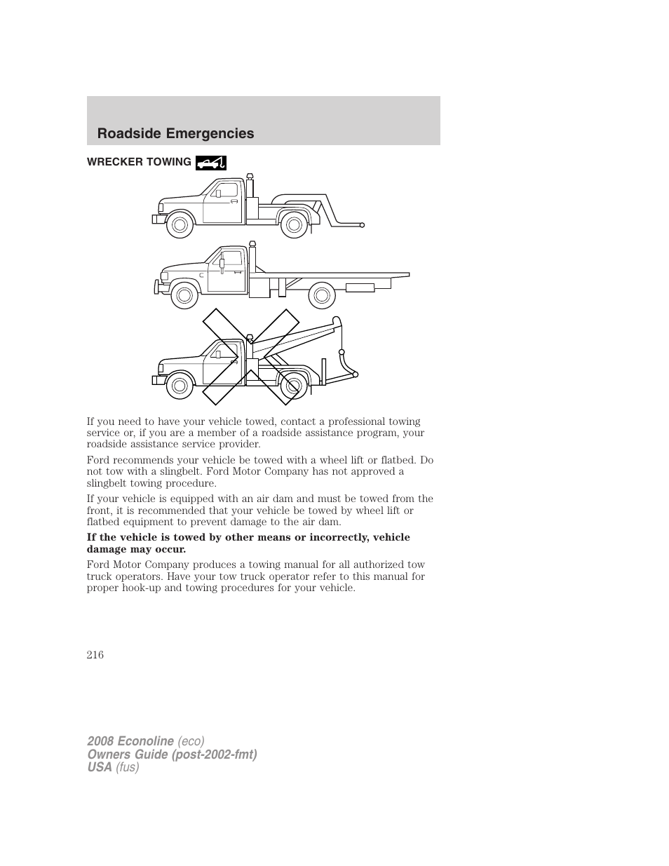 Wrecker towing, Roadside emergencies | FORD 2008 E-450 v.3 User Manual | Page 216 / 285