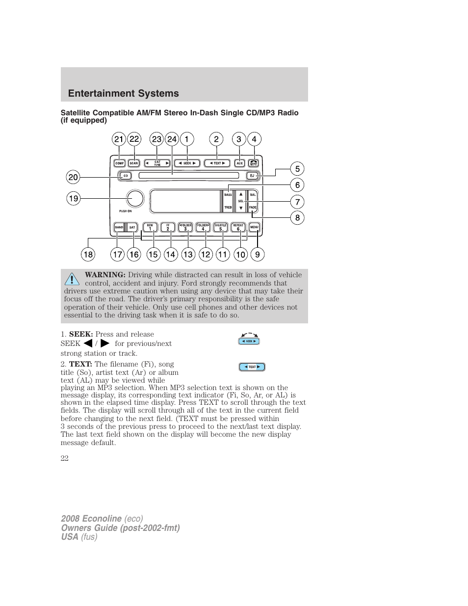 Am/fm stereo with single cd, Entertainment systems | FORD 2008 E-450 v.3 User Manual | Page 22 / 285