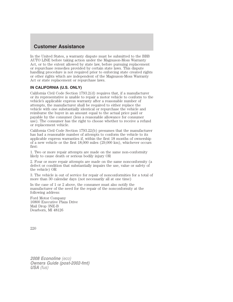 In california (u.s. only), Customer assistance | FORD 2008 E-450 v.3 User Manual | Page 220 / 285