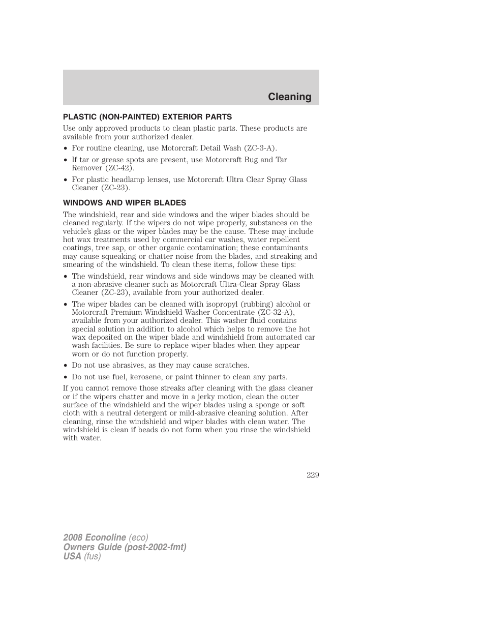Plastic (non-painted) exterior parts, Windows and wiper blades, Cleaning | FORD 2008 E-450 v.3 User Manual | Page 229 / 285