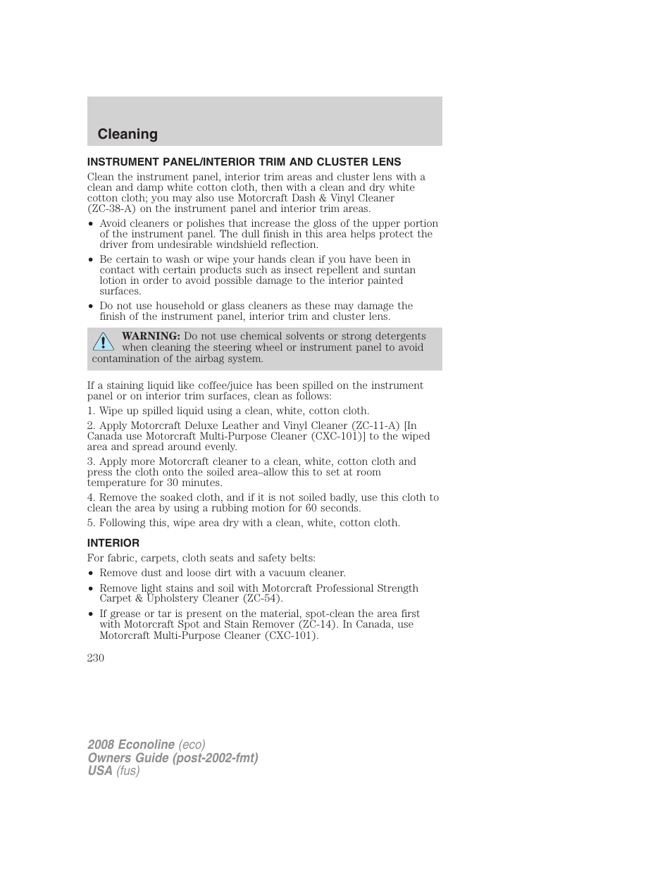 Instrument panel/interior trim and cluster lens, Interior, Cleaning | FORD 2008 E-450 v.3 User Manual | Page 230 / 285