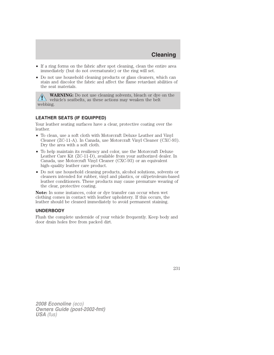 Leather seats (if equipped), Underbody, Underbody preservation | Cleaning | FORD 2008 E-450 v.3 User Manual | Page 231 / 285