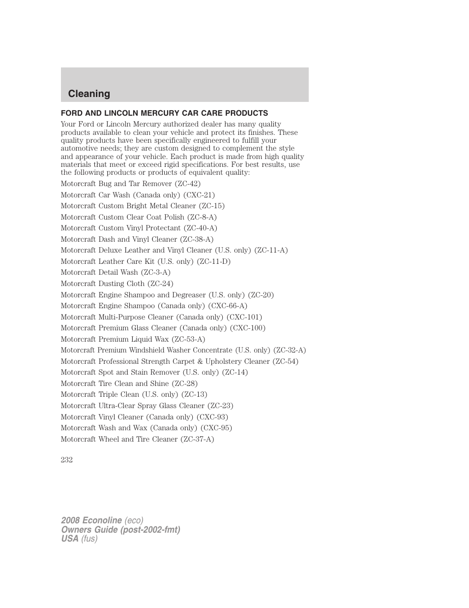 Ford and lincoln mercury car care products, Cleaning | FORD 2008 E-450 v.3 User Manual | Page 232 / 285