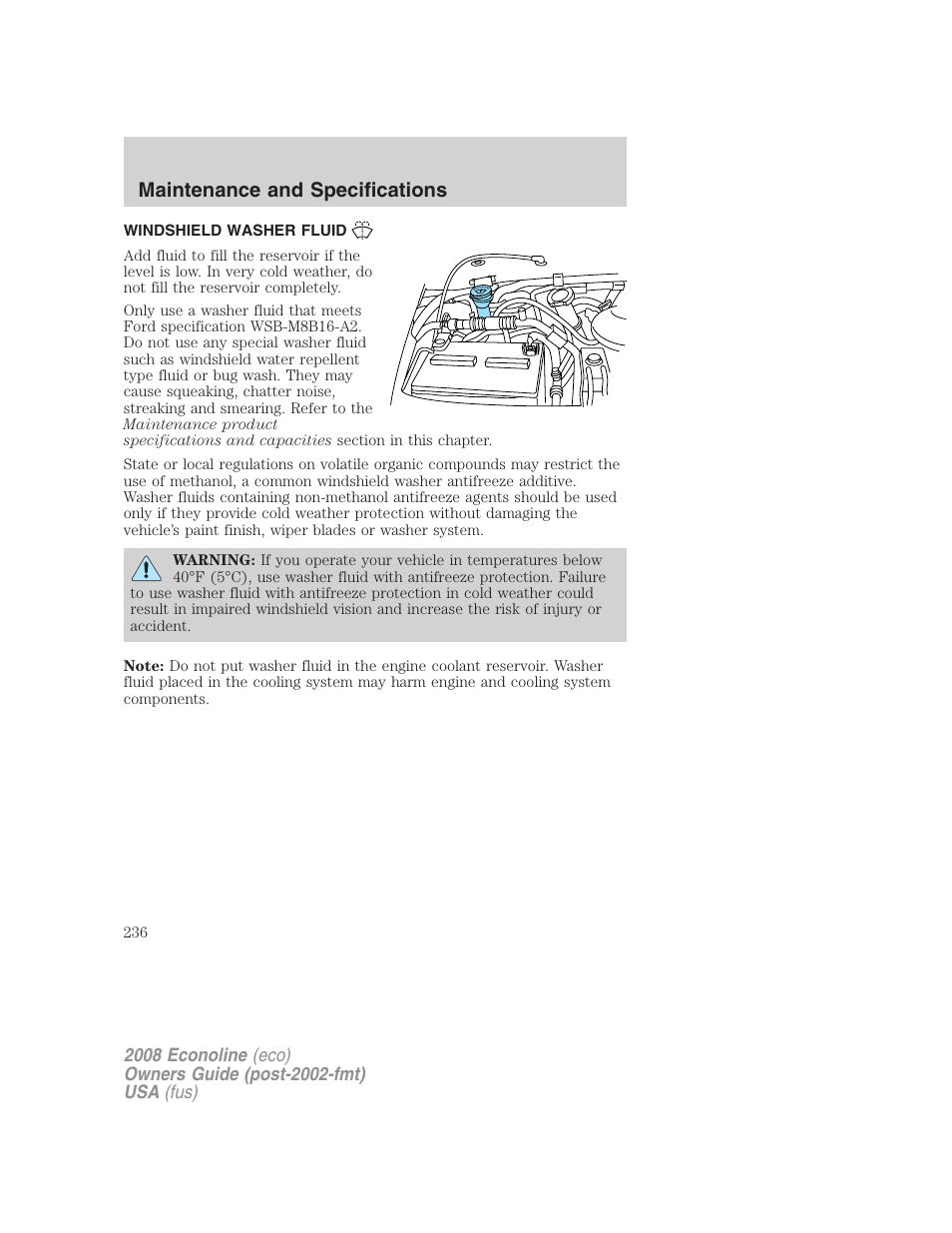 Windshield washer fluid, Maintenance and specifications | FORD 2008 E-450 v.3 User Manual | Page 236 / 285