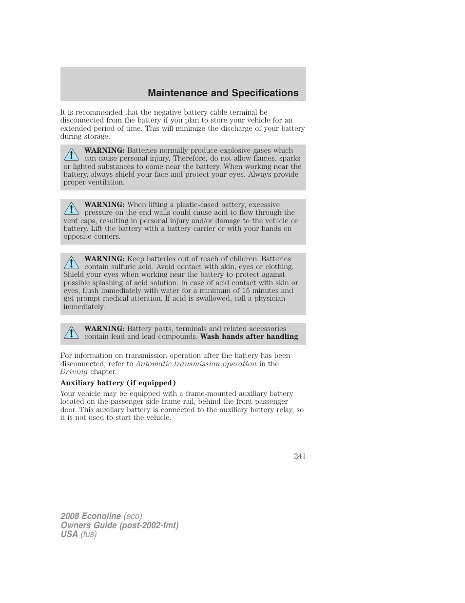 Maintenance and specifications | FORD 2008 E-450 v.3 User Manual | Page 241 / 285
