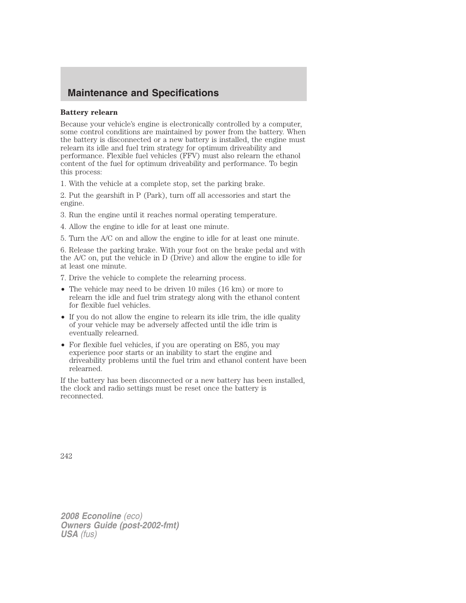 Maintenance and specifications | FORD 2008 E-450 v.3 User Manual | Page 242 / 285