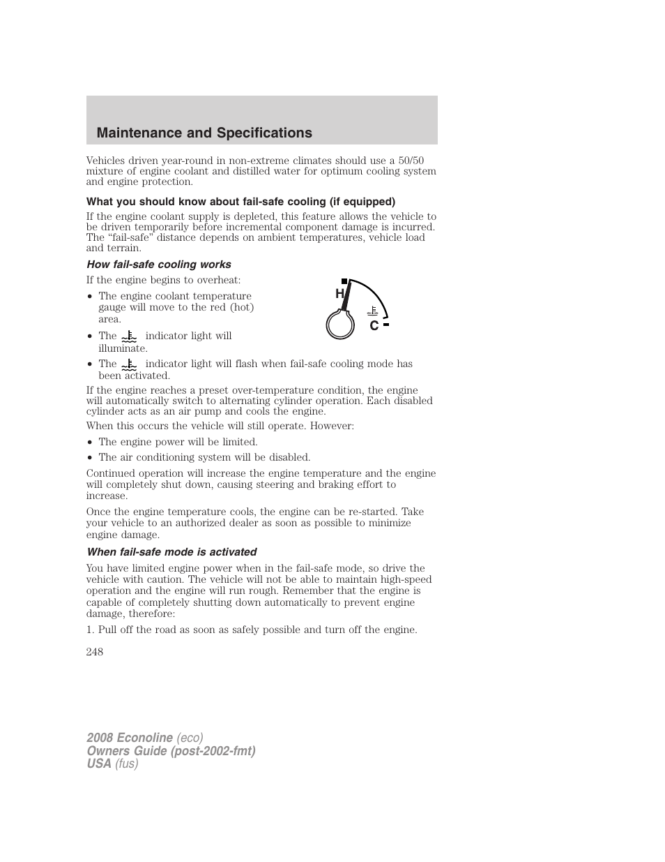 How fail-safe cooling works, When fail-safe mode is activated, Maintenance and specifications | FORD 2008 E-450 v.3 User Manual | Page 248 / 285
