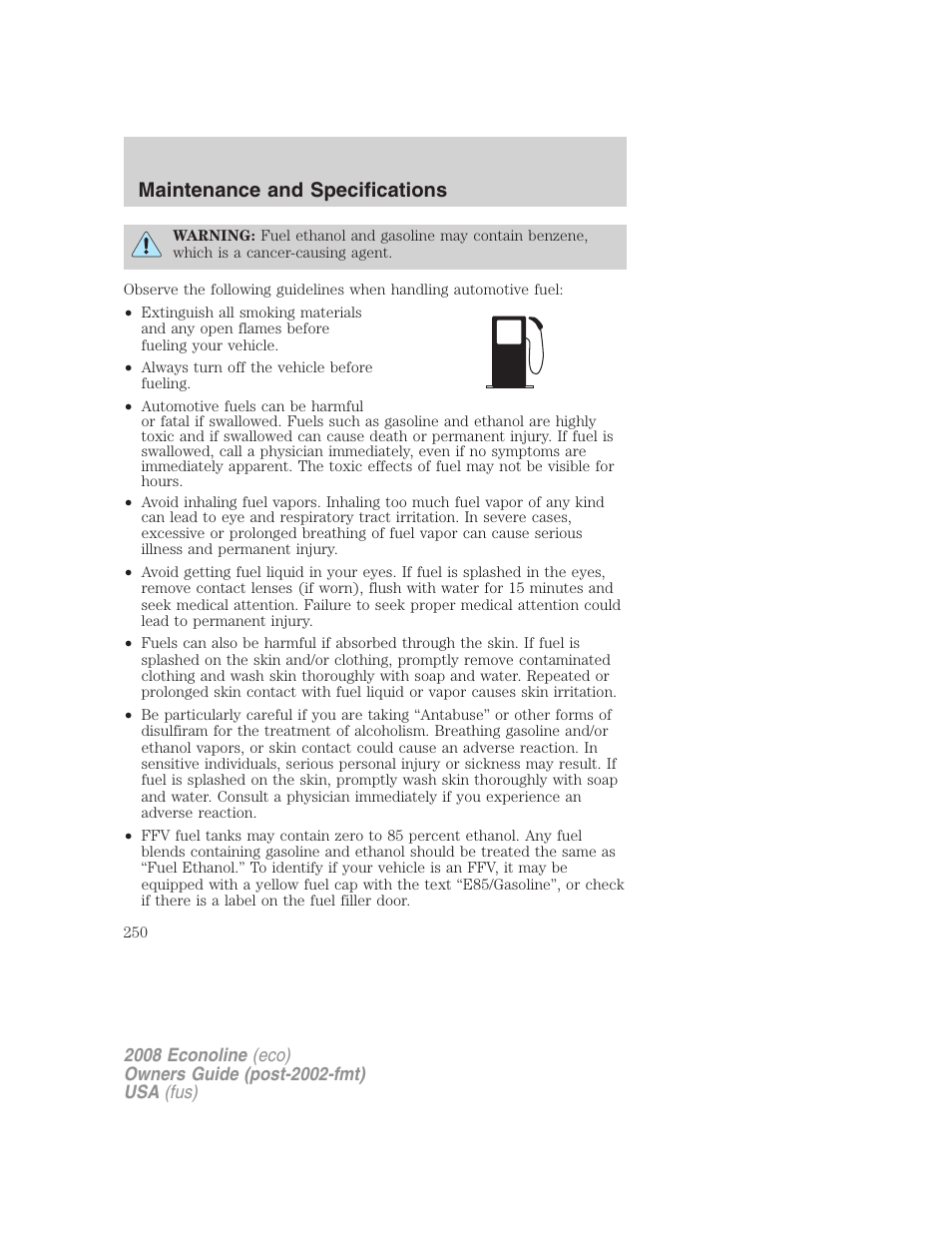Maintenance and specifications | FORD 2008 E-450 v.3 User Manual | Page 250 / 285