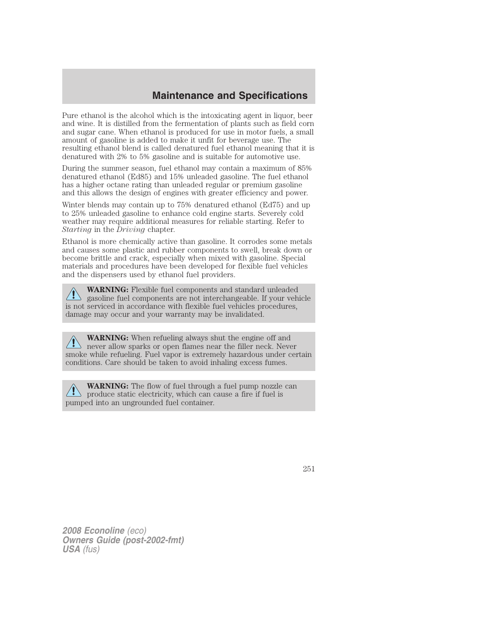 Maintenance and specifications | FORD 2008 E-450 v.3 User Manual | Page 251 / 285
