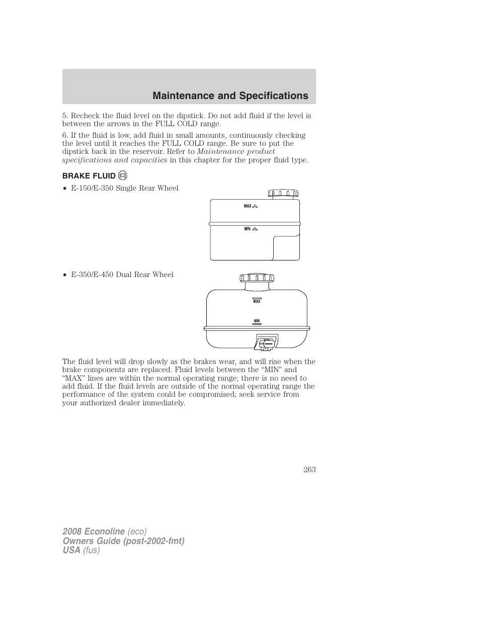 Brake fluid, Maintenance and specifications | FORD 2008 E-450 v.3 User Manual | Page 263 / 285