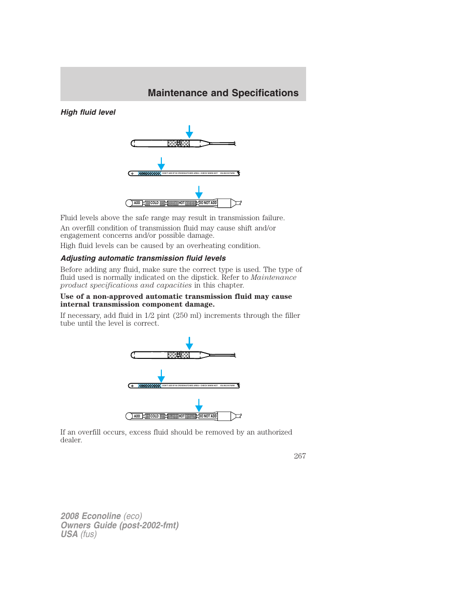 High fluid level, Adjusting automatic transmission fluid levels, Maintenance and specifications | FORD 2008 E-450 v.3 User Manual | Page 267 / 285
