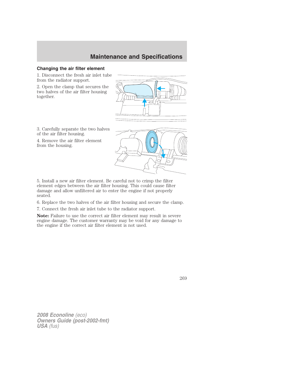 Changing the air filter element, Maintenance and specifications | FORD 2008 E-450 v.3 User Manual | Page 269 / 285
