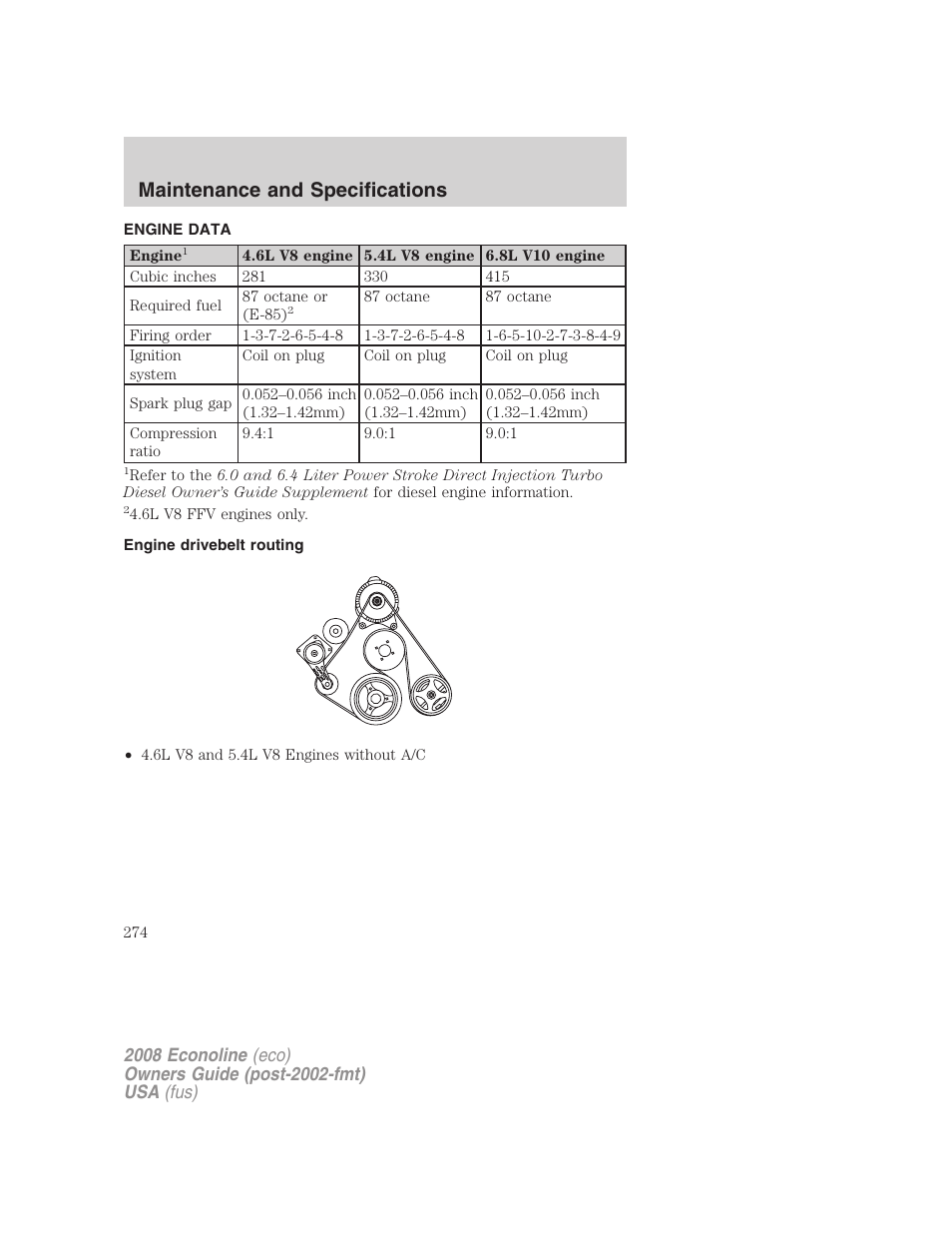 Engine data, Engine drivebelt routing, Maintenance and specifications | FORD 2008 E-450 v.3 User Manual | Page 274 / 285