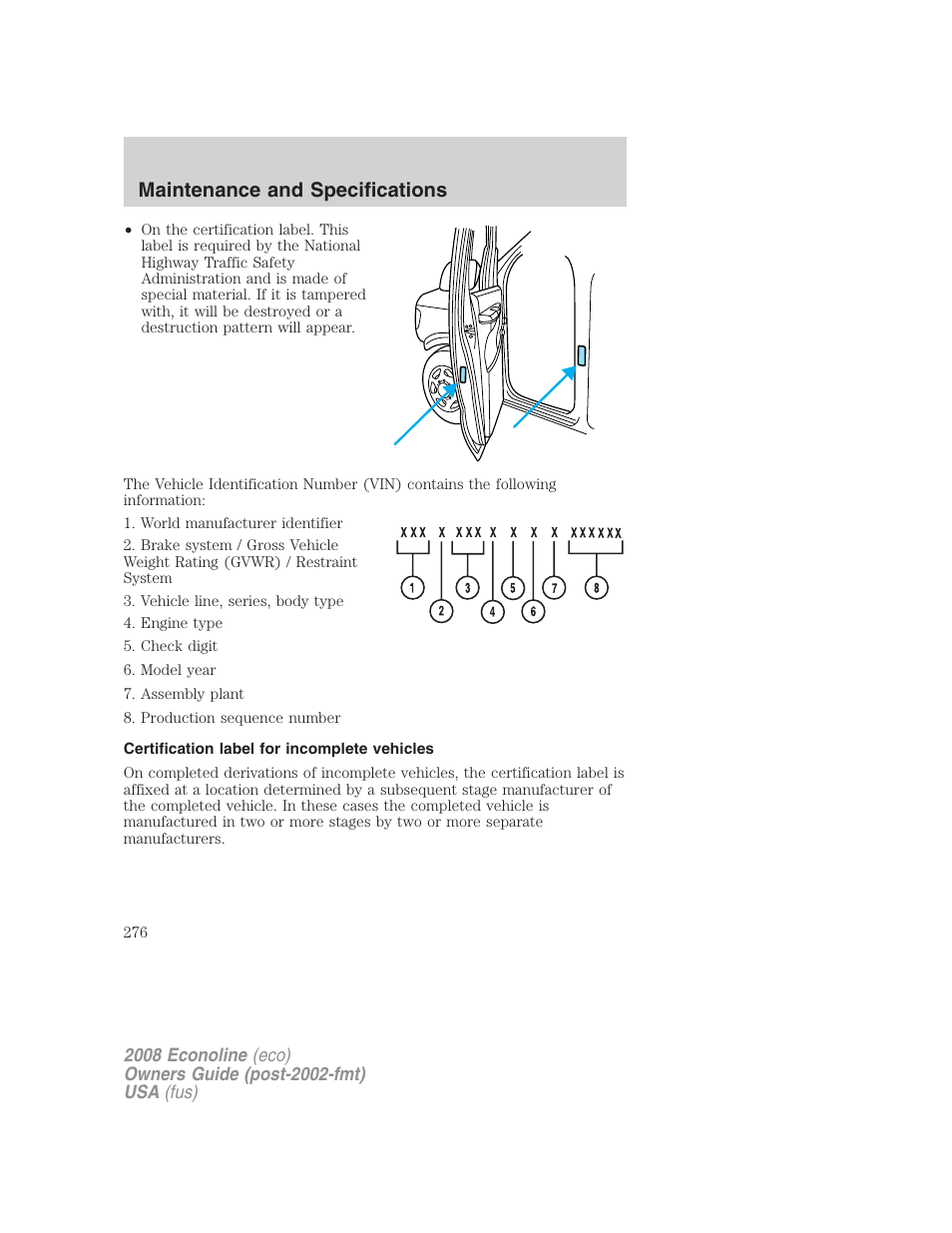 Certification label for incomplete vehicles, Maintenance and specifications | FORD 2008 E-450 v.3 User Manual | Page 276 / 285