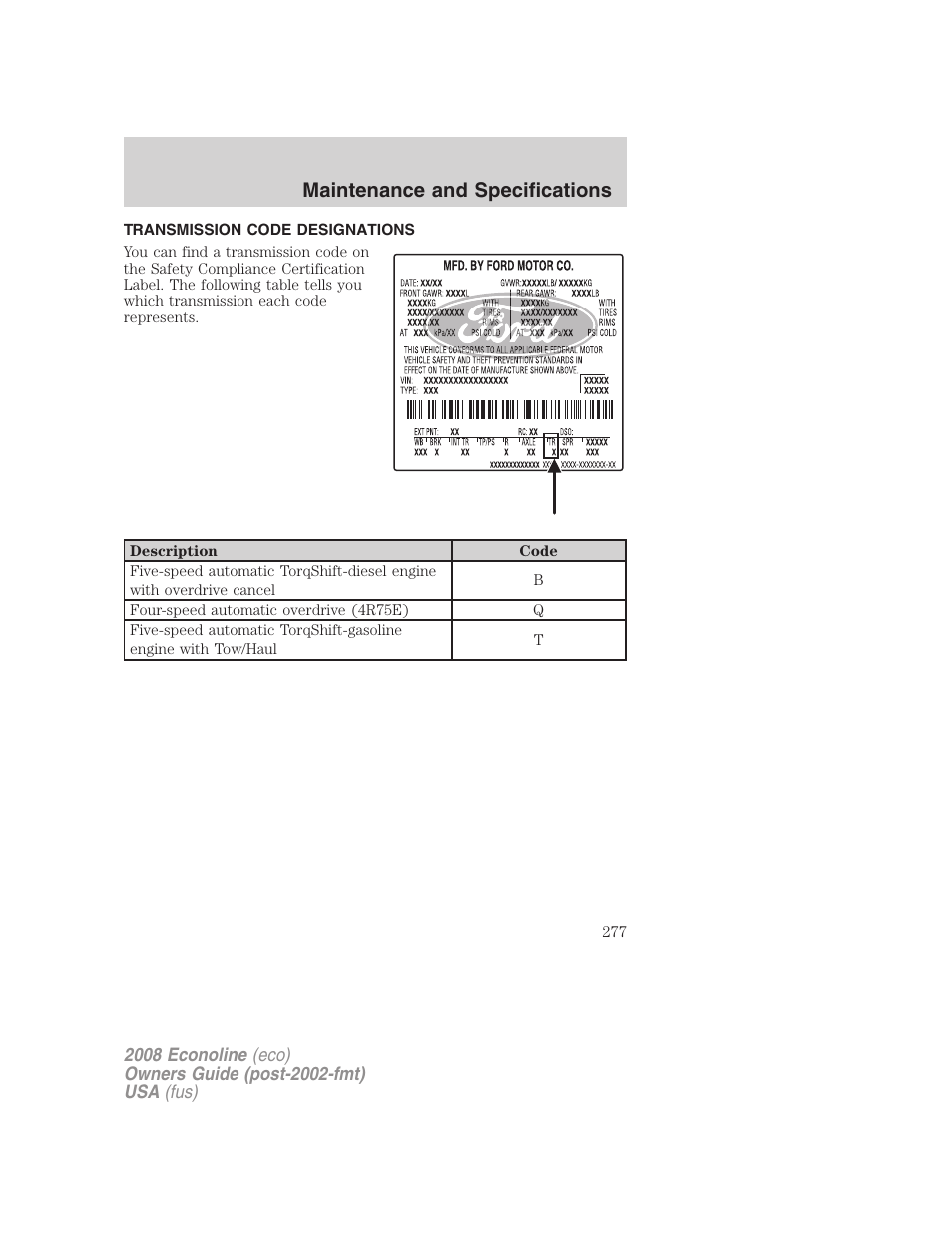 Transmission code designations, Maintenance and specifications | FORD 2008 E-450 v.3 User Manual | Page 277 / 285