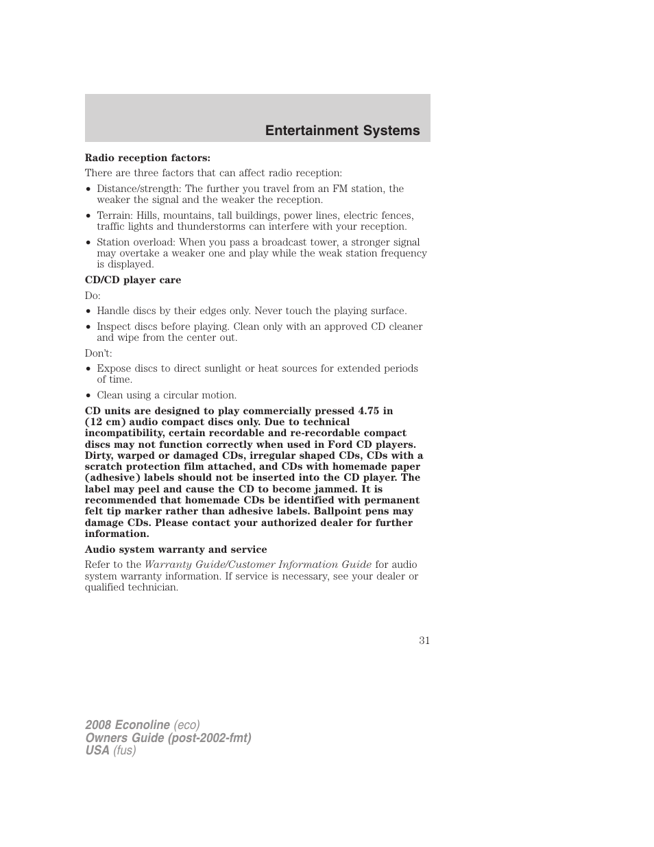 Entertainment systems | FORD 2008 E-450 v.3 User Manual | Page 31 / 285