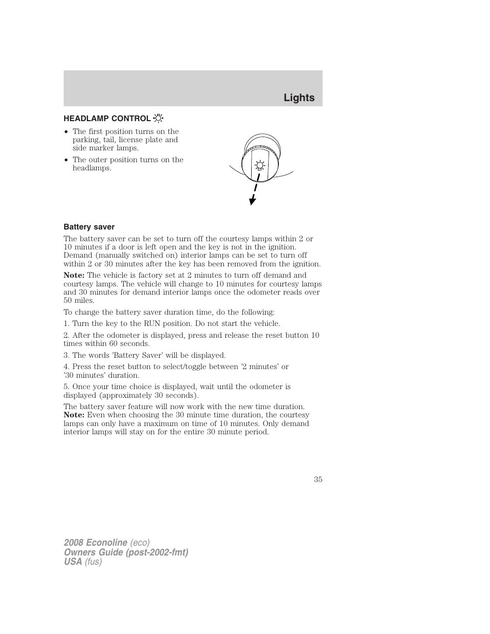 Lights, Headlamp control, Battery saver | Headlamps | FORD 2008 E-450 v.3 User Manual | Page 35 / 285