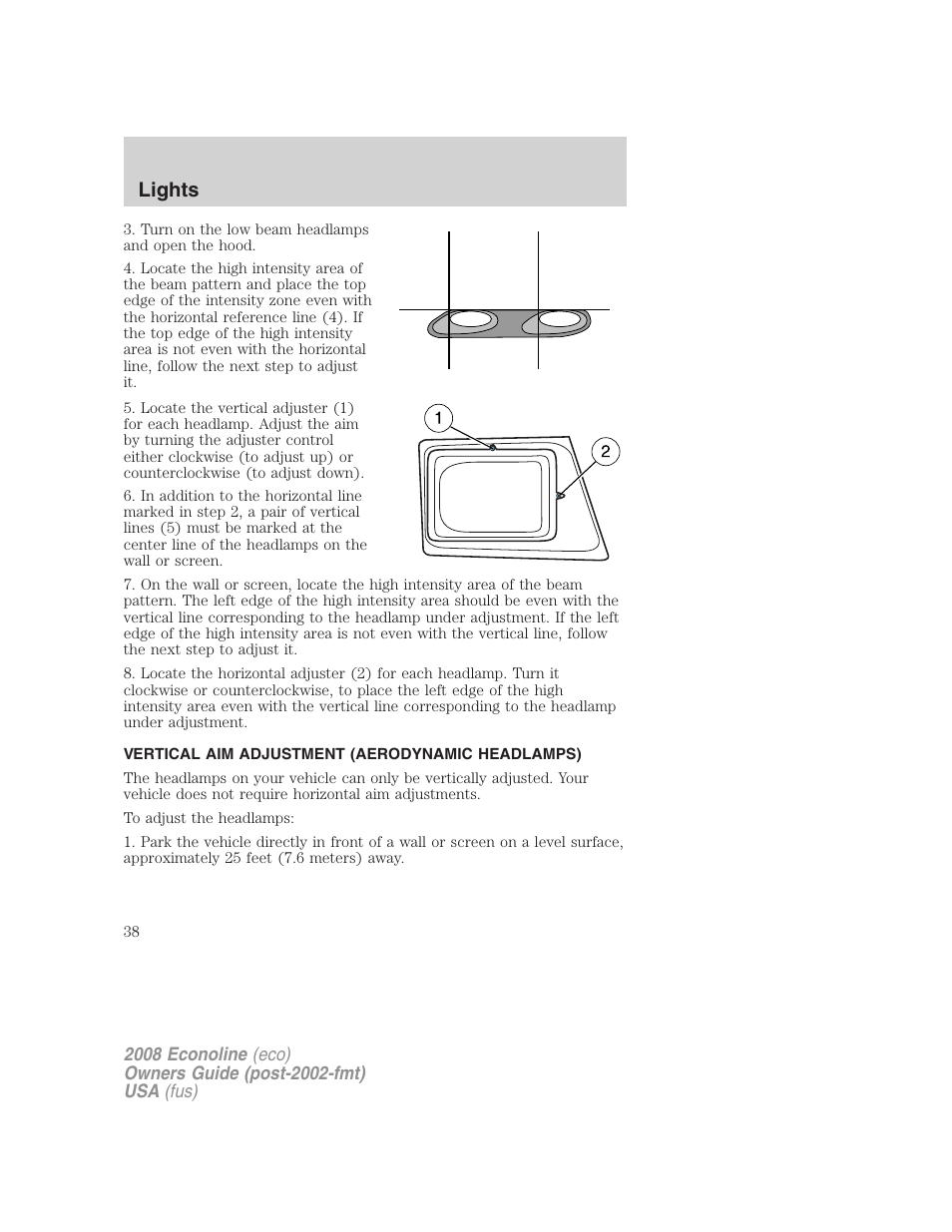 Vertical aim adjustment (aerodynamic headlamps), Lights | FORD 2008 E-450 v.3 User Manual | Page 38 / 285