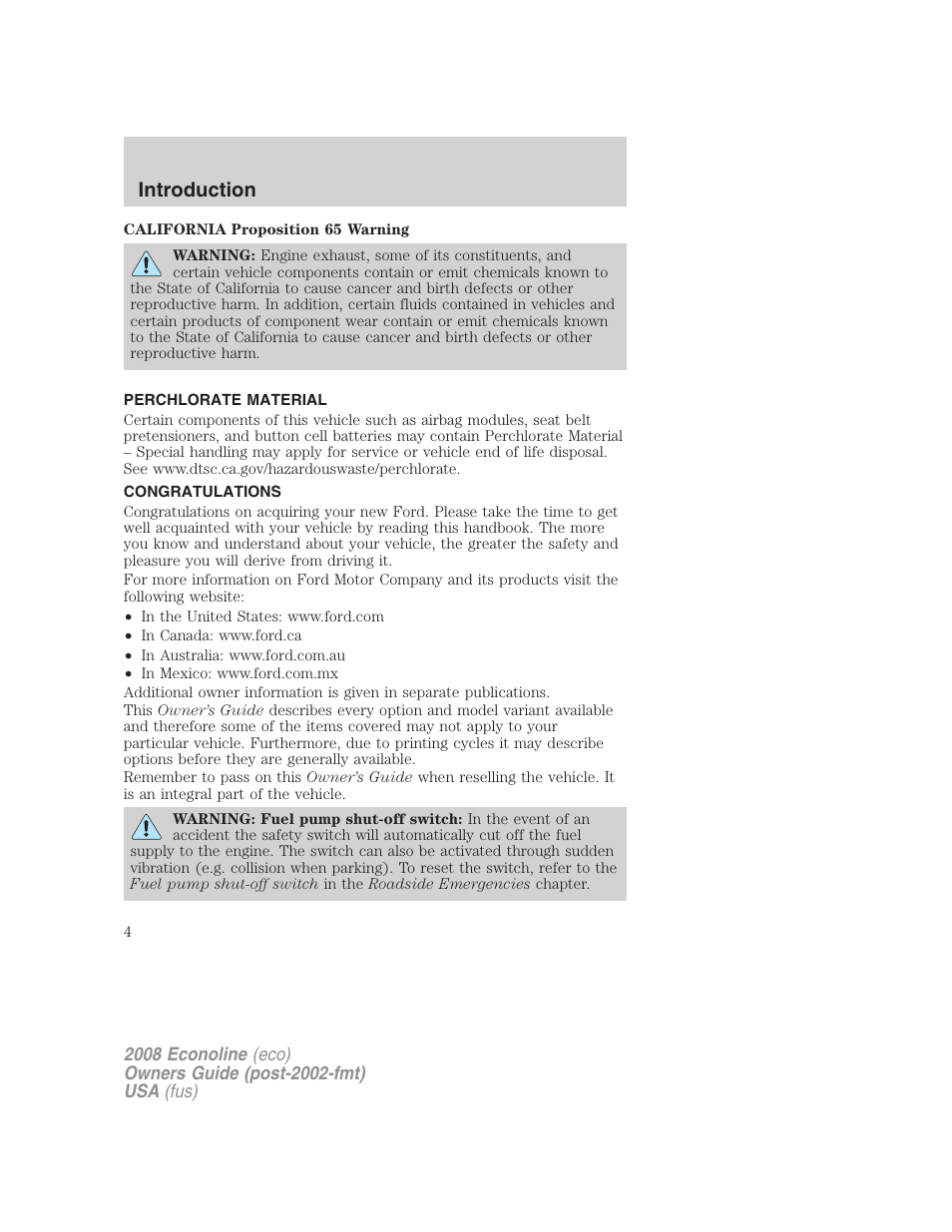 Introduction, Perchlorate material, Congratulations | FORD 2008 E-450 v.3 User Manual | Page 4 / 285