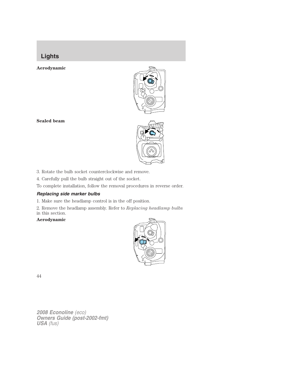 Replacing side marker bulbs, Lights | FORD 2008 E-450 v.3 User Manual | Page 44 / 285