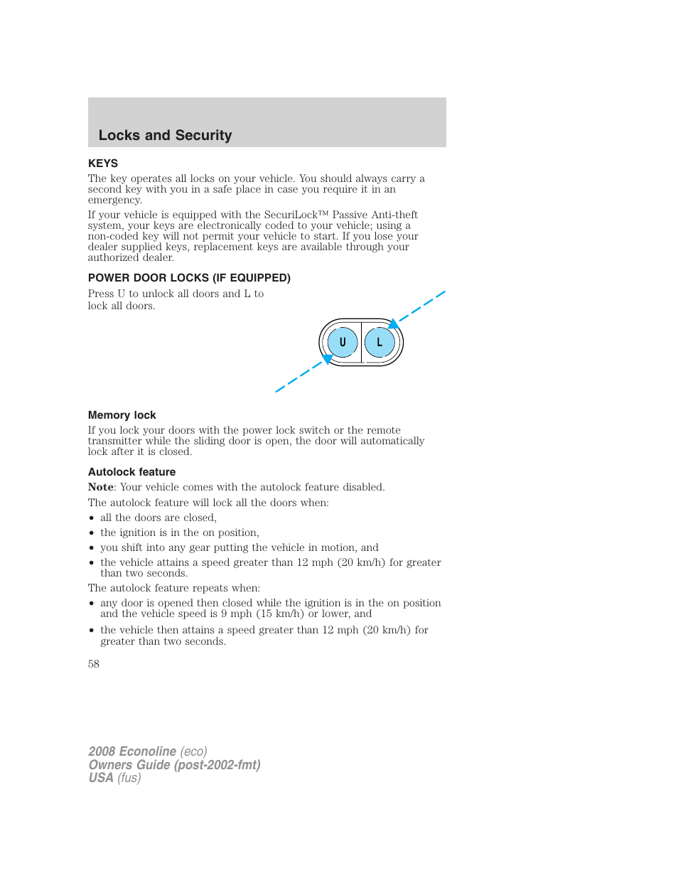 Locks and security, Keys, Power door locks (if equipped) | Memory lock, Autolock feature, Locks | FORD 2008 E-450 v.3 User Manual | Page 58 / 285