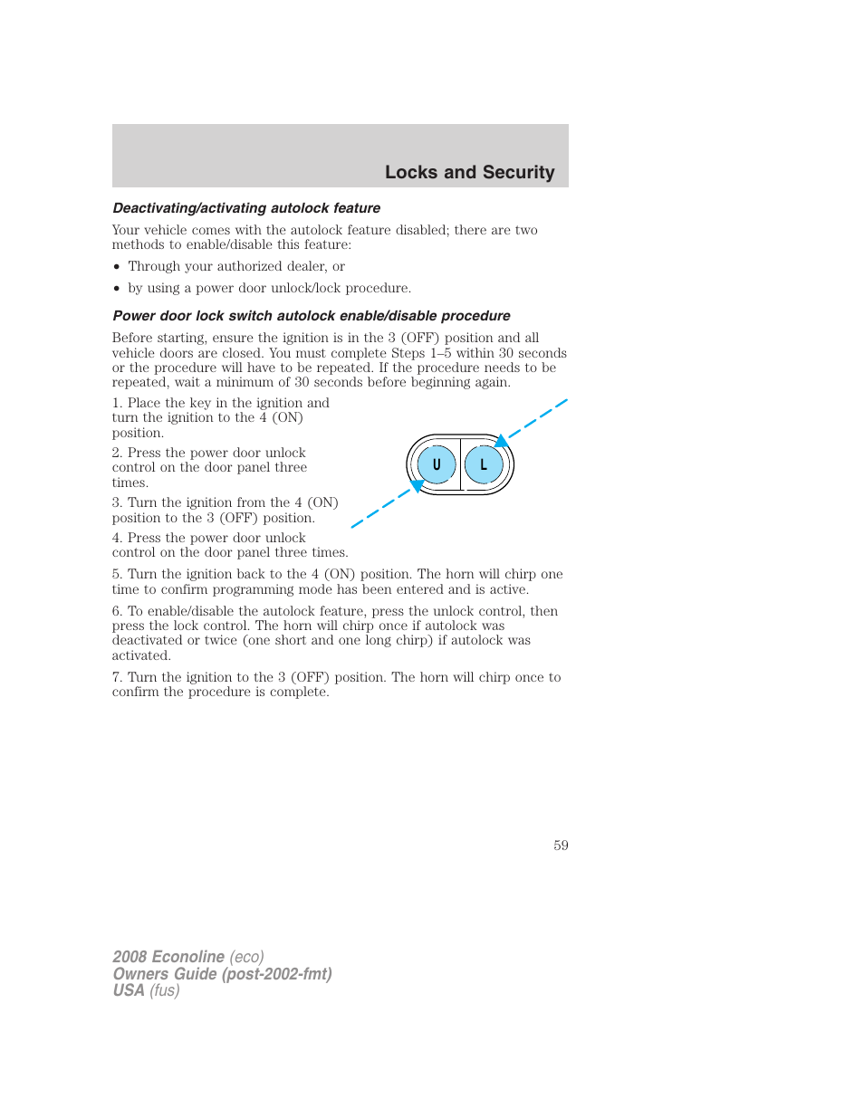 Deactivating/activating autolock feature, Locks and security | FORD 2008 E-450 v.3 User Manual | Page 59 / 285