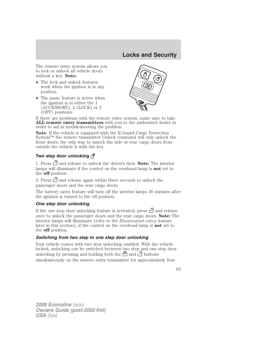 Two step door unlocking, One step door unlocking, Switching from two step to one step door unlocking | Locks and security | FORD 2008 E-450 v.3 User Manual | Page 63 / 285