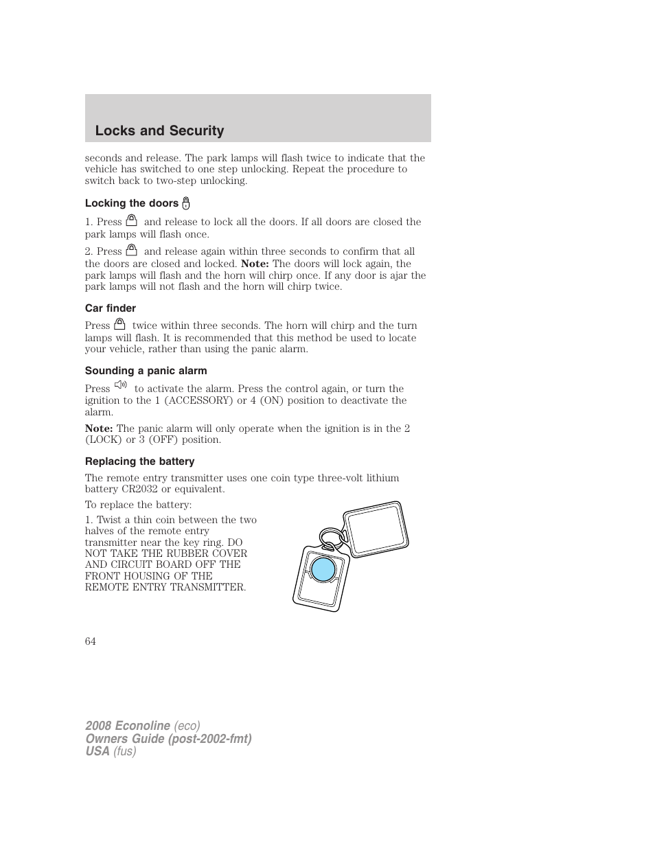 Locking the doors, Car finder, Sounding a panic alarm | Replacing the battery, Locks and security | FORD 2008 E-450 v.3 User Manual | Page 64 / 285