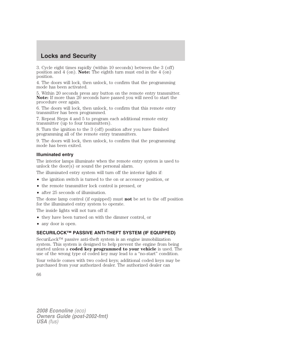 Illuminated entry, Anti-theft system, Locks and security | FORD 2008 E-450 v.3 User Manual | Page 66 / 285