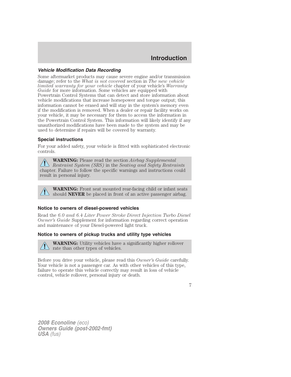 Vehicle modification data recording, Special instructions, Notice to owners of diesel-powered vehicles | Introduction | FORD 2008 E-450 v.3 User Manual | Page 7 / 285