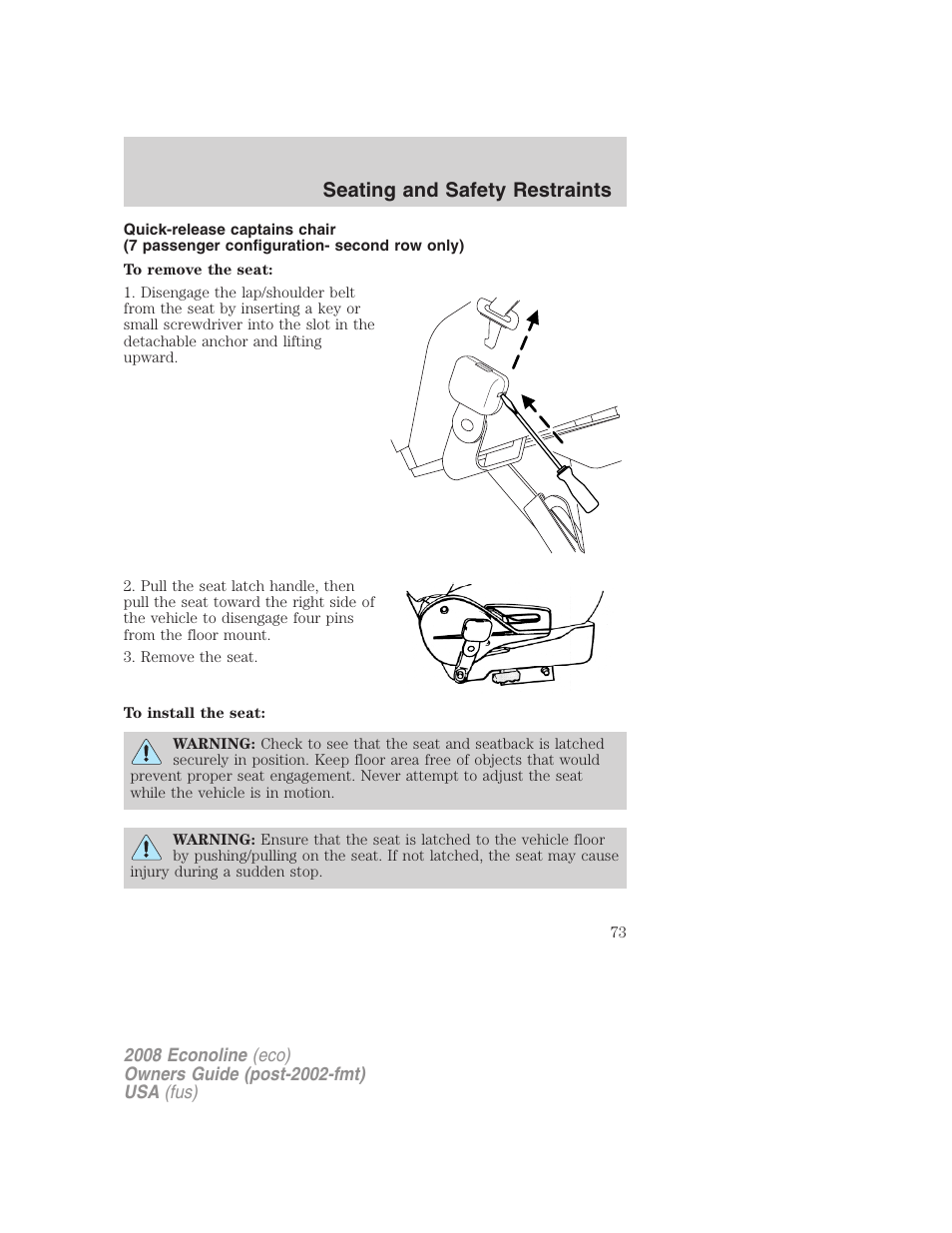 Seating and safety restraints | FORD 2008 E-450 v.3 User Manual | Page 73 / 285