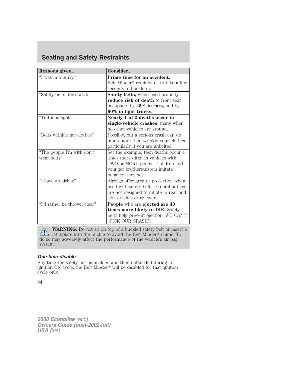 One-time disable, Seating and safety restraints | FORD 2008 E-450 v.3 User Manual | Page 84 / 285