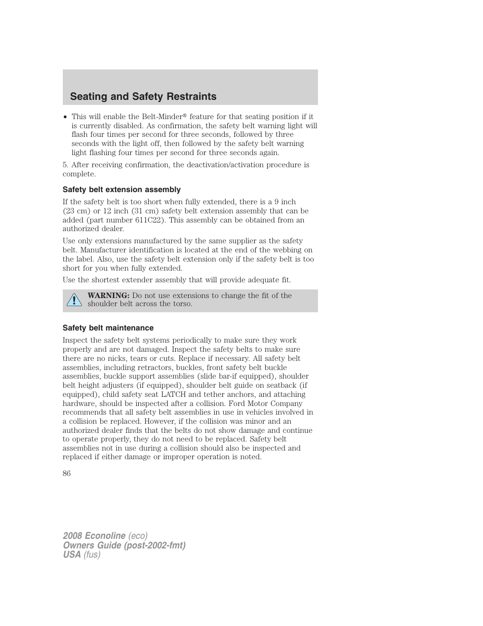 Safety belt extension assembly, Safety belt maintenance, Seating and safety restraints | FORD 2008 E-450 v.3 User Manual | Page 86 / 285