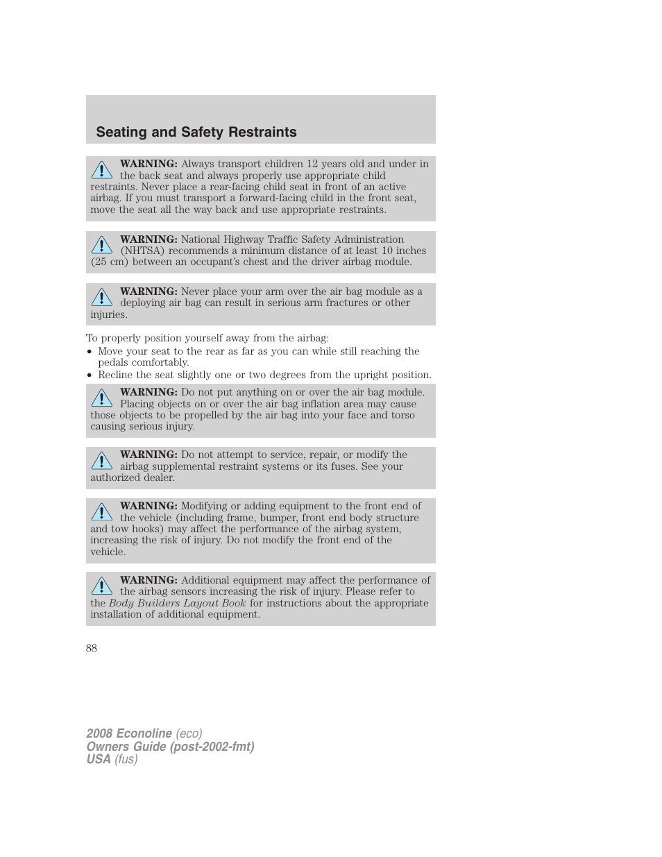 Seating and safety restraints | FORD 2008 E-450 v.3 User Manual | Page 88 / 285