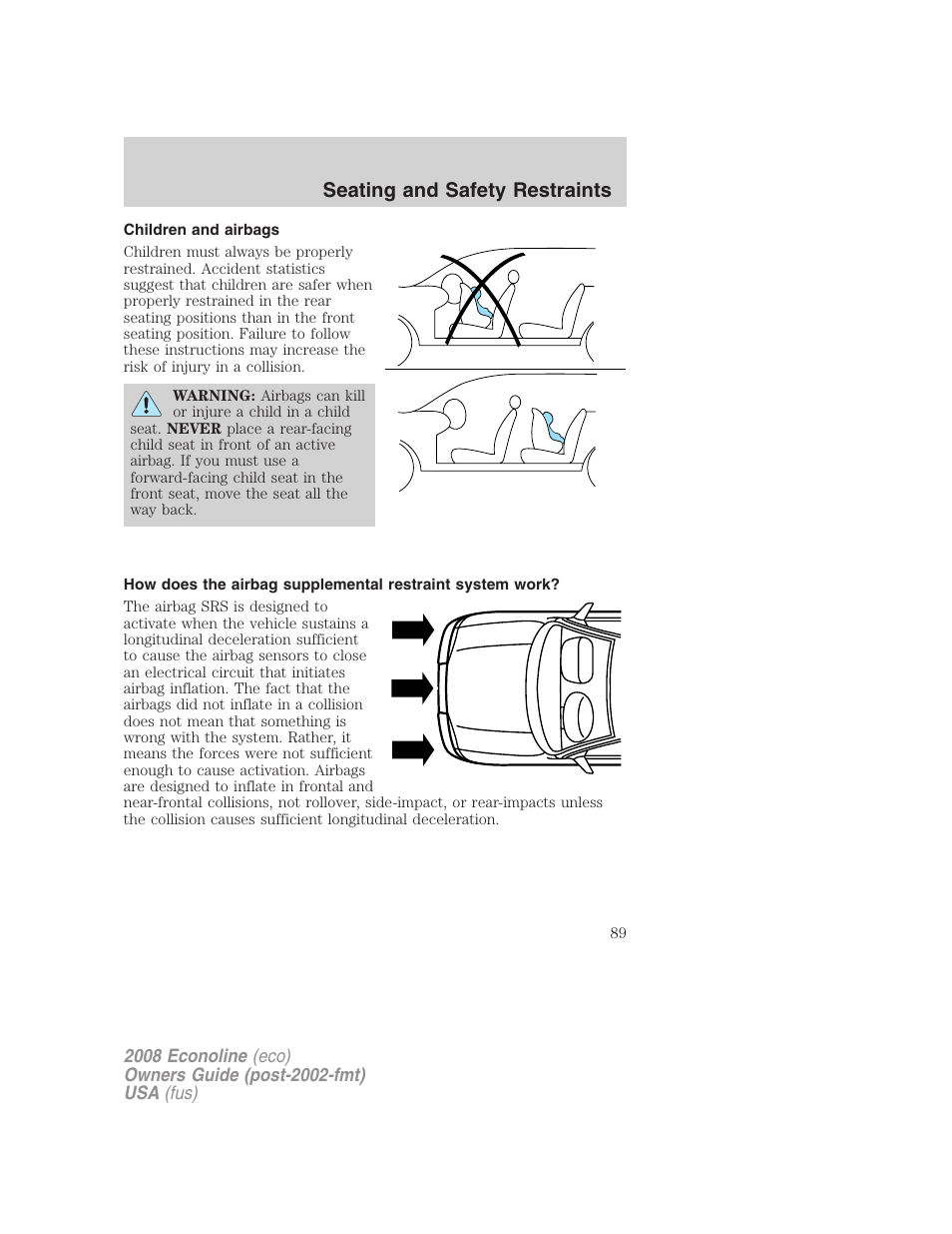 Children and airbags, Seating and safety restraints | FORD 2008 E-450 v.3 User Manual | Page 89 / 285