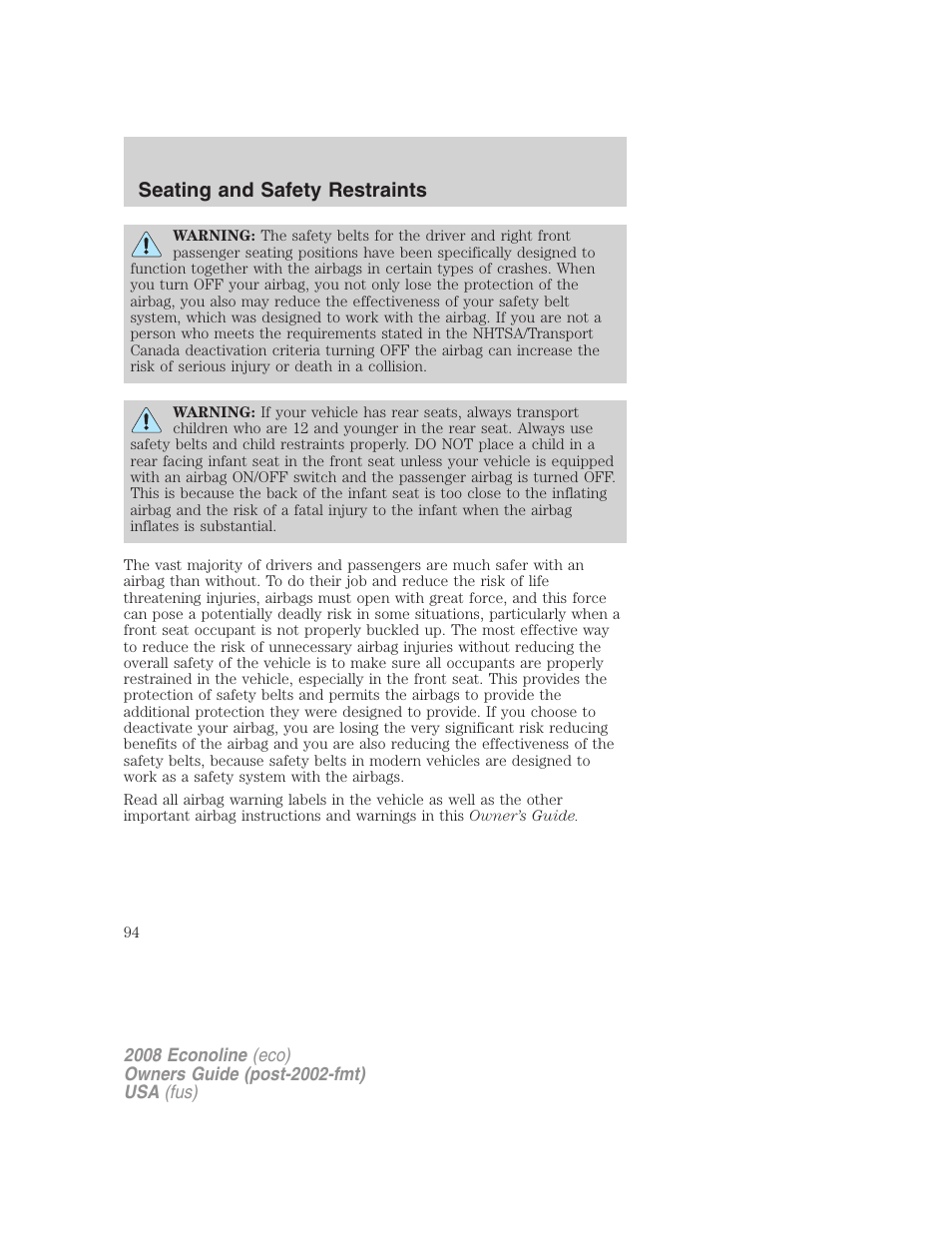 Seating and safety restraints | FORD 2008 E-450 v.3 User Manual | Page 94 / 285
