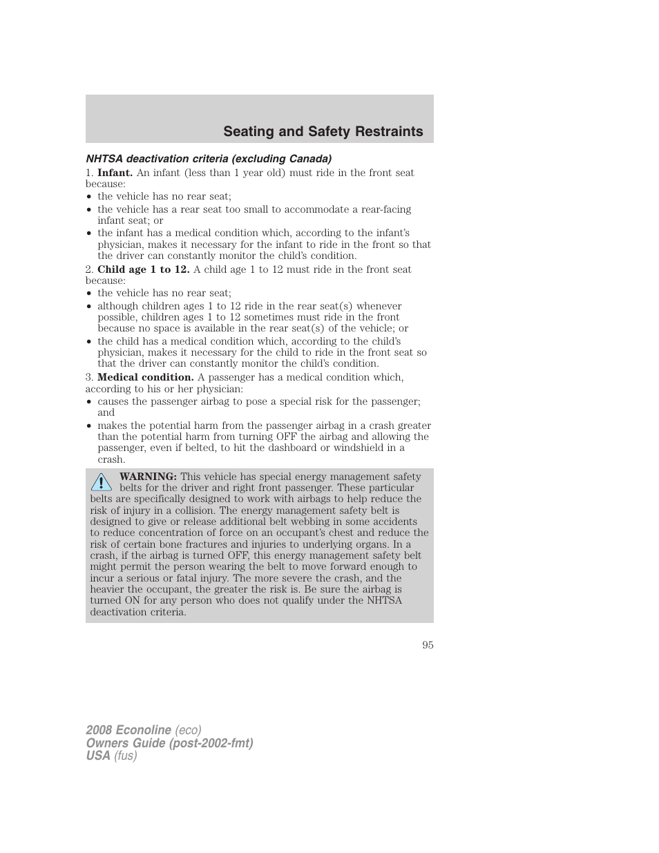Nhtsa deactivation criteria (excluding canada), Seating and safety restraints | FORD 2008 E-450 v.3 User Manual | Page 95 / 285