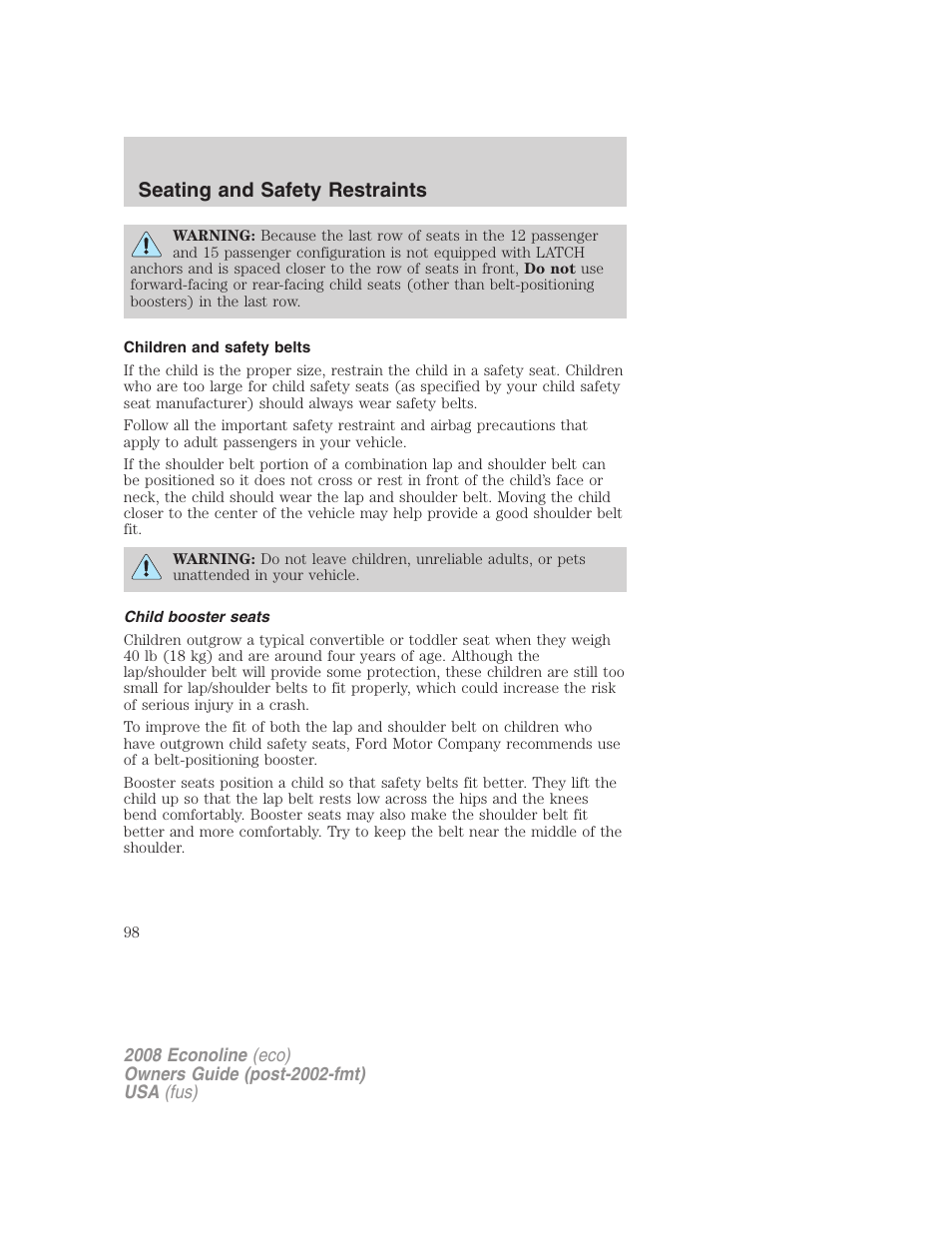 Children and safety belts, Child booster seats, Seating and safety restraints | FORD 2008 E-450 v.3 User Manual | Page 98 / 285