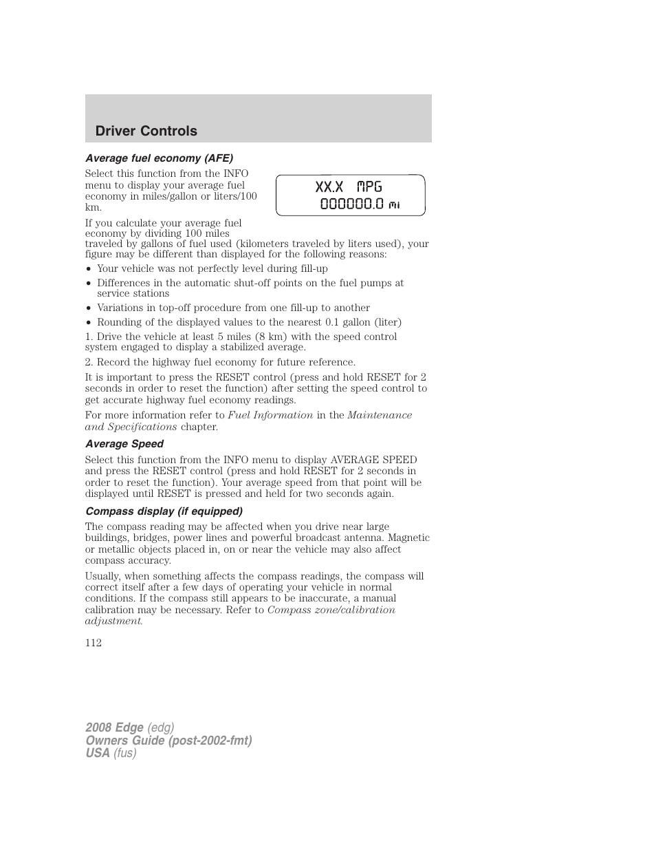 Average fuel economy (afe), Average speed, Compass display (if equipped) | Driver controls | FORD 2008 Edge User Manual | Page 112 / 336