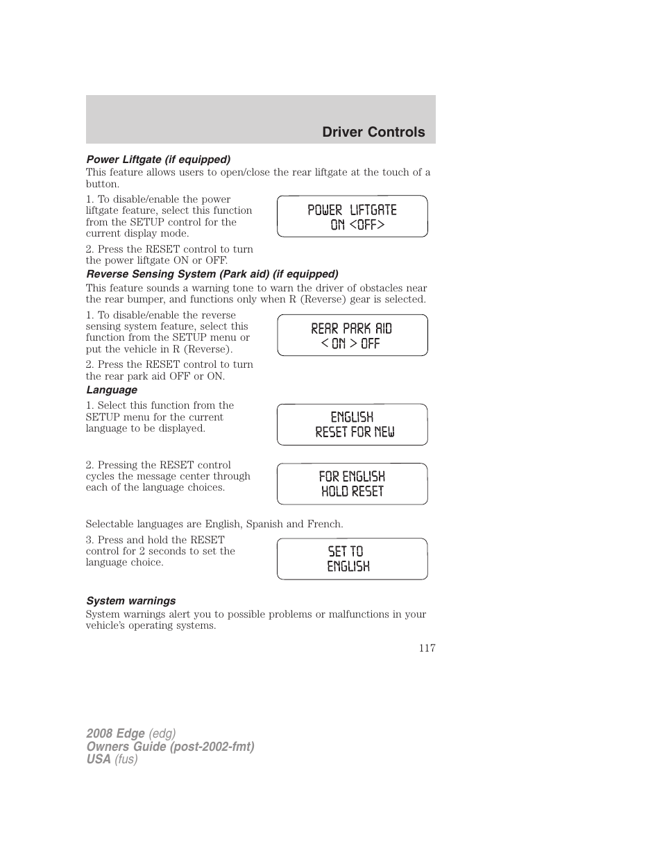 Power liftgate (if equipped), Reverse sensing system (park aid) (if equipped), Language | System warnings, Driver controls | FORD 2008 Edge User Manual | Page 117 / 336