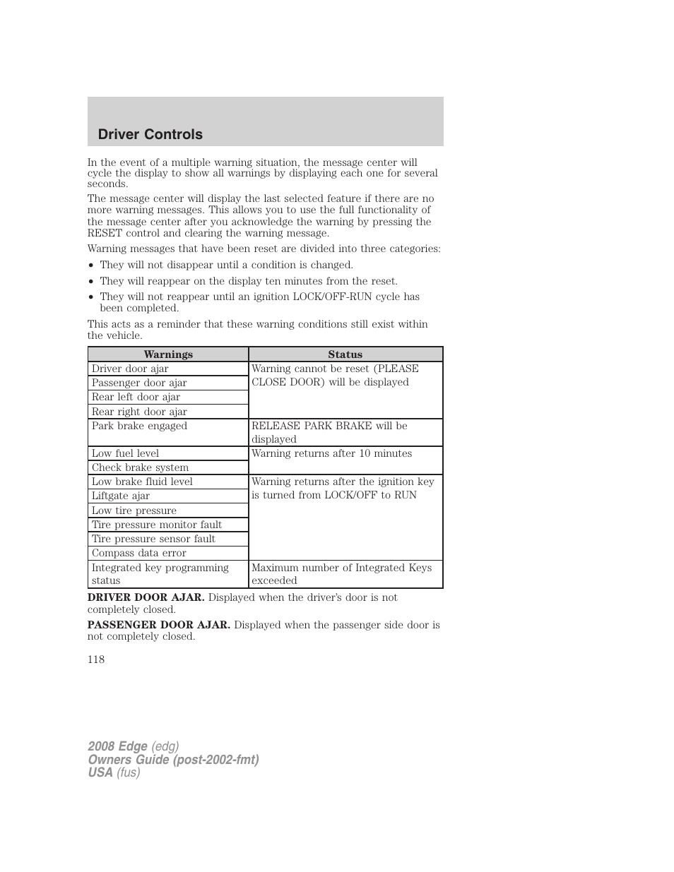 Driver controls | FORD 2008 Edge User Manual | Page 118 / 336