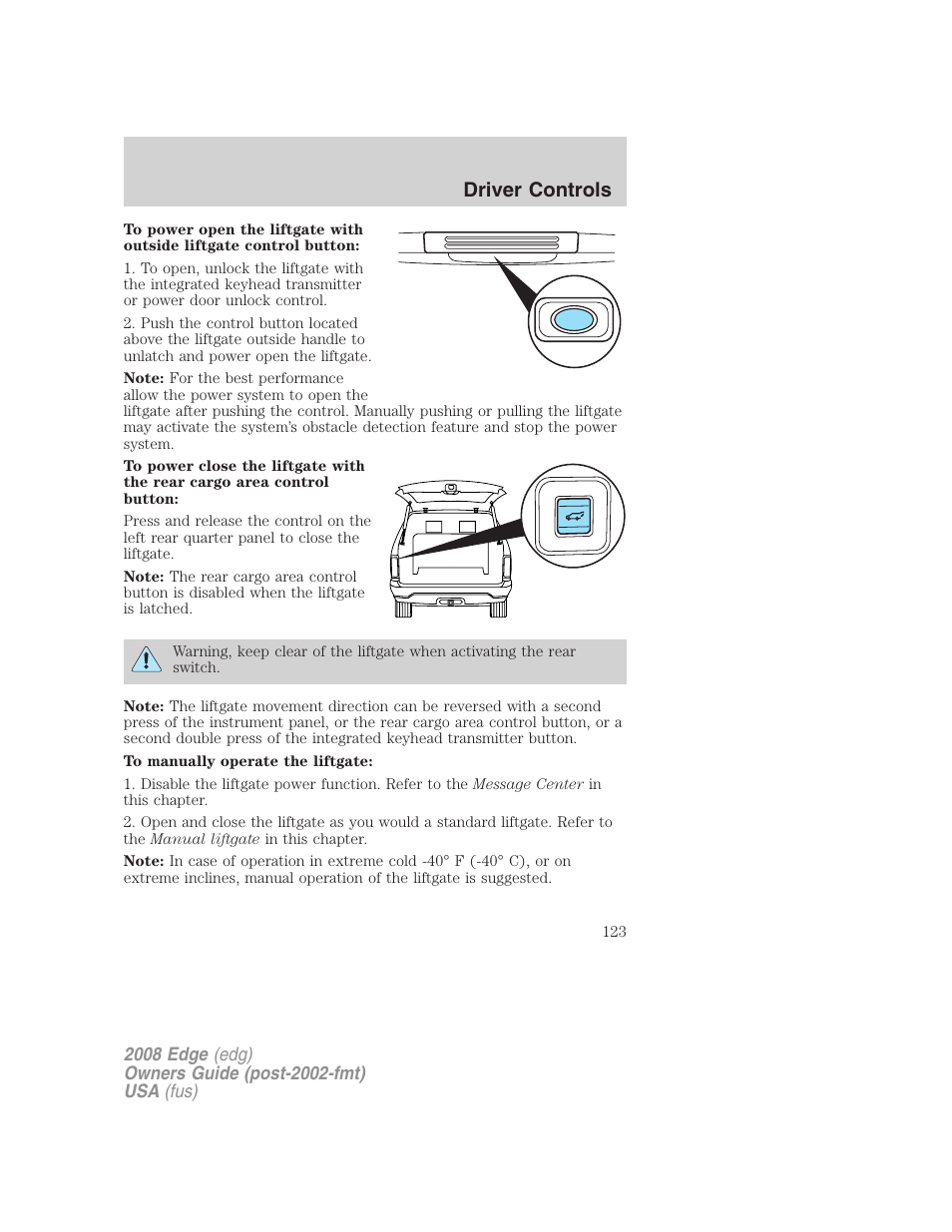 Driver controls | FORD 2008 Edge User Manual | Page 123 / 336