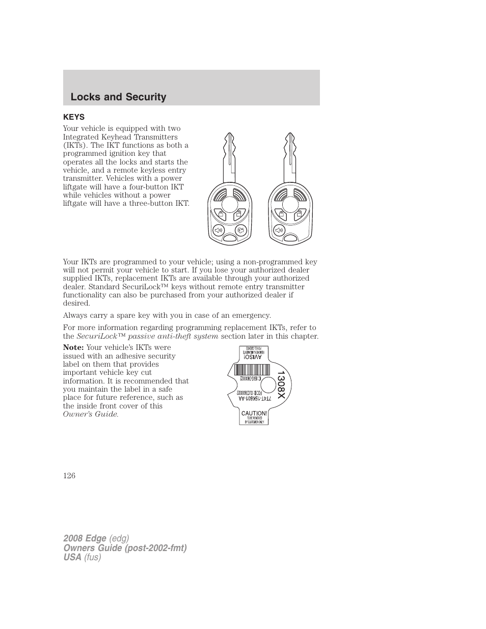 Locks and security, Keys | FORD 2008 Edge User Manual | Page 126 / 336