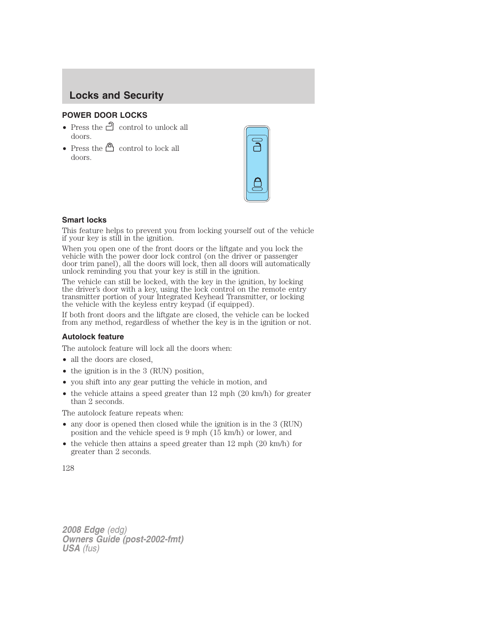 Power door locks, Smart locks, Autolock feature | Locks, Locks and security | FORD 2008 Edge User Manual | Page 128 / 336