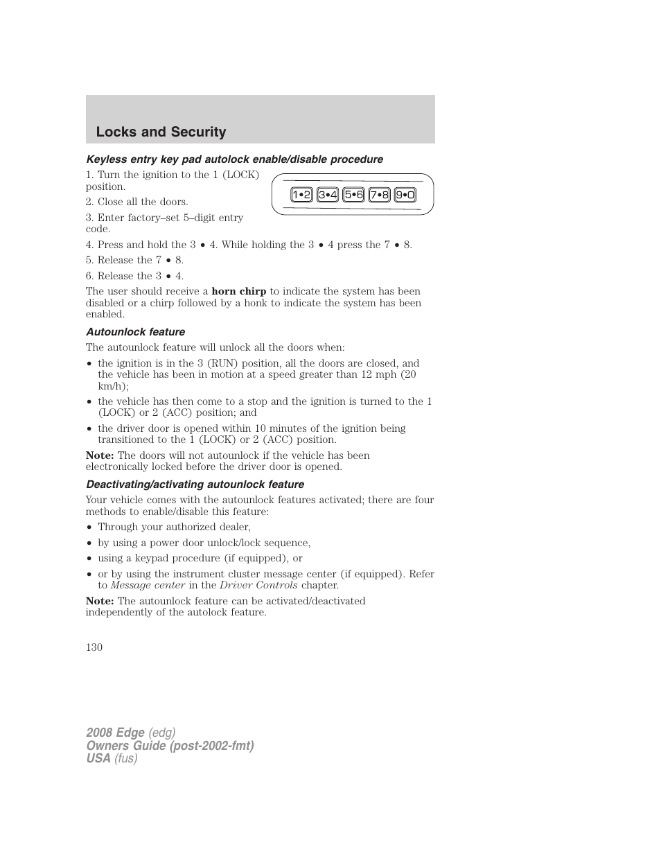 Autounlock feature, Deactivating/activating autounlock feature, Locks and security | FORD 2008 Edge User Manual | Page 130 / 336